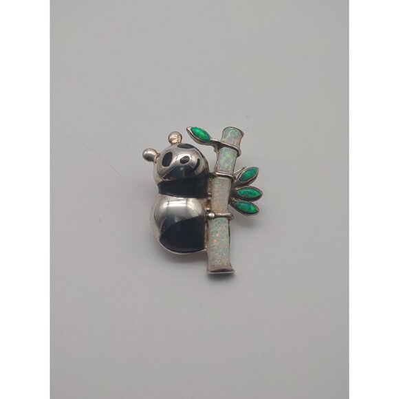 Vintage Rare Panda Bear on Bamboo, Silver, Black Enamel, Crushed Opal Brooch Pin - Picture 3 of 12